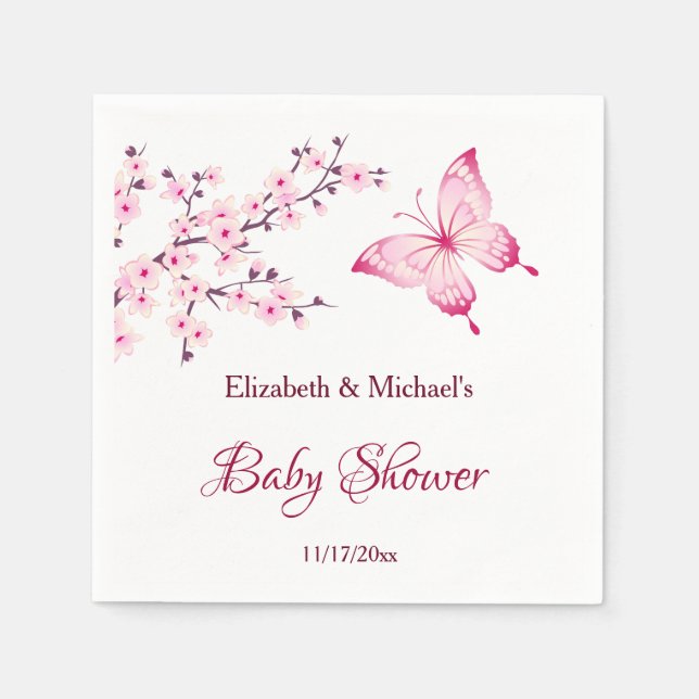 Butterfly Cherry Blossom Pink White Baby Shower   Napkins (Front)