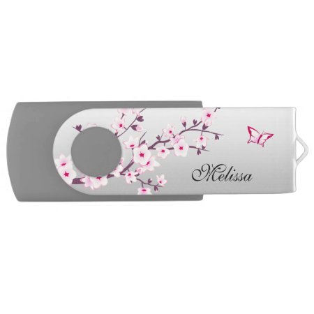 Butterfly Cherry Blossoms  Name Floral Pink Gray Usb Flash Drive