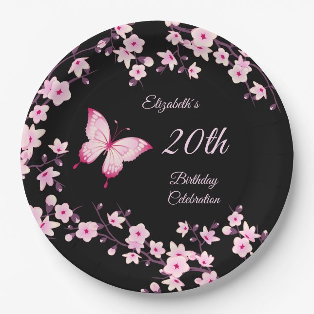 Butterfly Cherry Blossoms Pink Black Customizable  Paper Plates (Front)