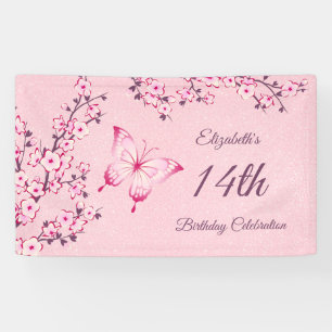 Butterfly Cherry Blossoms Pink Glitter Banner
