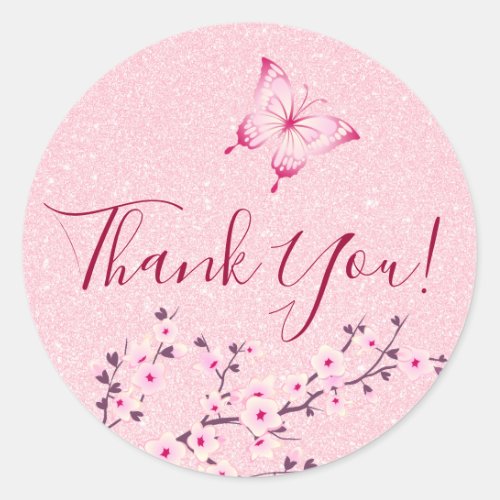 Butterfly Cherry Blossoms Pink Glitter Thank You Classic Round Sticker