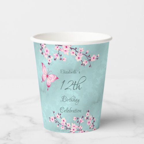 Butterfly Cherry Blossoms Pink Turquoise Paper Cups