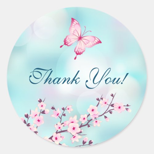 Butterfly Cherry Blossoms Pink Turquoise Thank You Classic Round Sticker