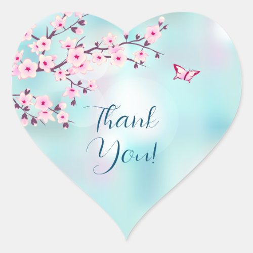 Butterfly Cherry Blossoms Pink Turquoise Thank You Heart Sticker
