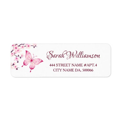 Butterfly Cherry Blossoms Pink White Label