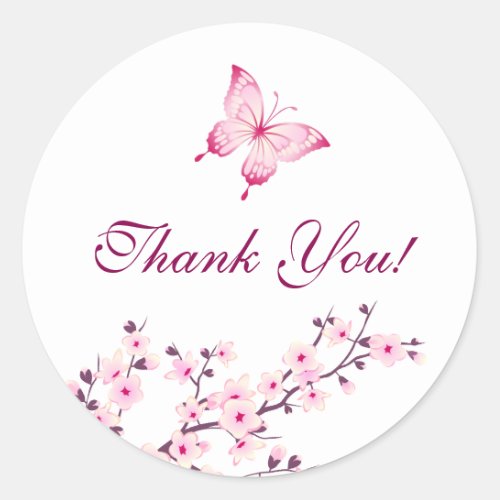 Butterfly Cherry Blossoms Pink White Thank You Classic Round Sticker