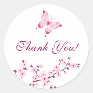 Butterfly Cherry Blossoms Pink White Thank You Classic Round Sticker