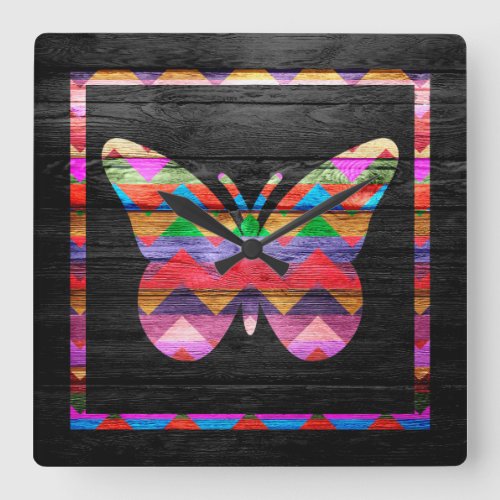 Butterfly Chevron Pattern on Wood Square Wall Clock