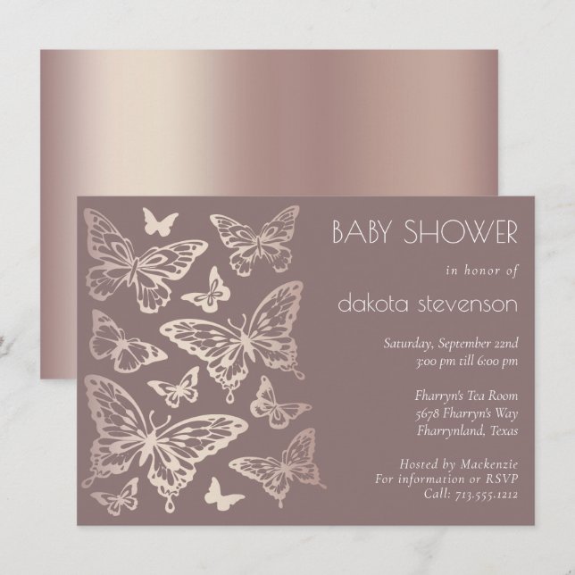 Butterfly Chic Baby Shower | Copper Rose Gold Invitation (Front/Back)