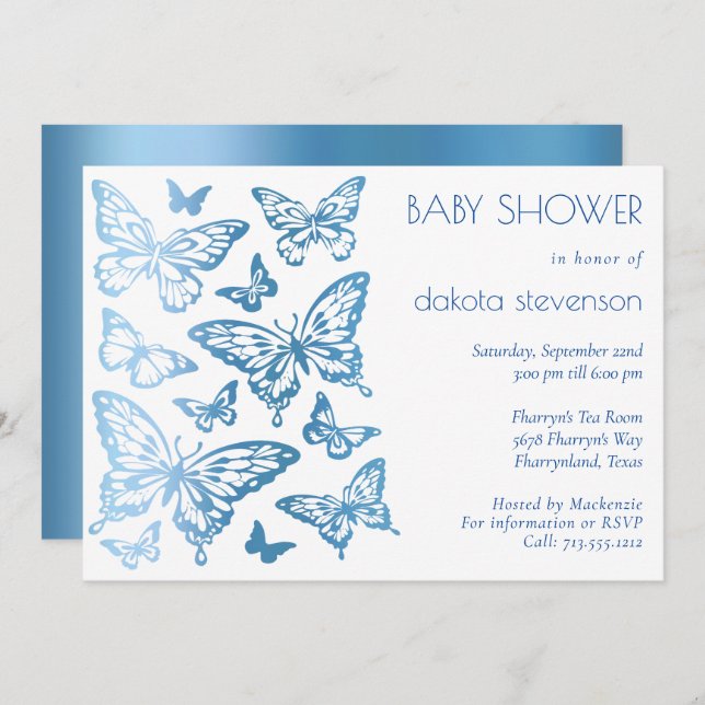 Butterfly Chic | Classic Blue Shine Baby Shower Invitation (Front/Back)