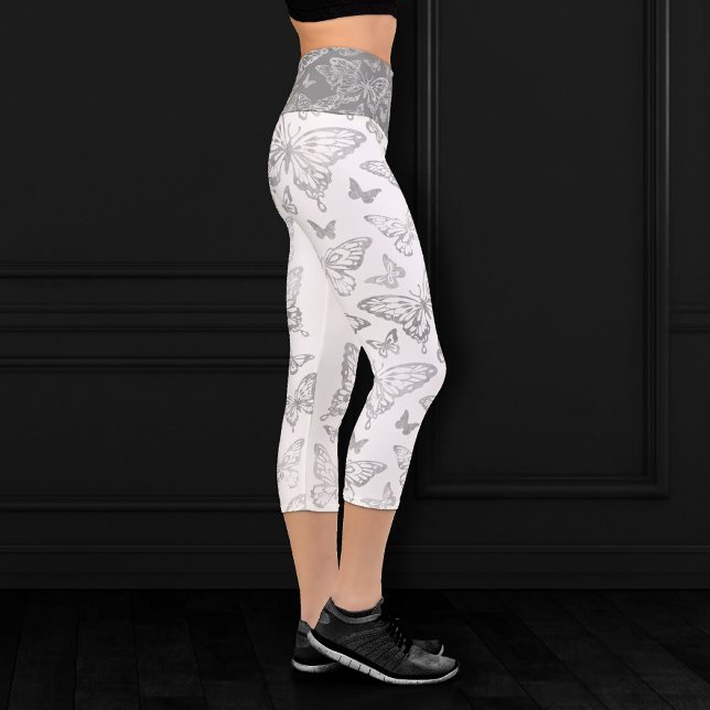 Butterfly Chic | Faux Metallic Silver Gray Pattern Capri Leggings (Creator Uploaded)