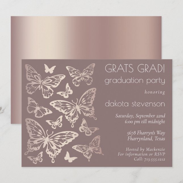 Butterfly Chic Graduation | Copper Rose Gold Invitation (Front/Back)