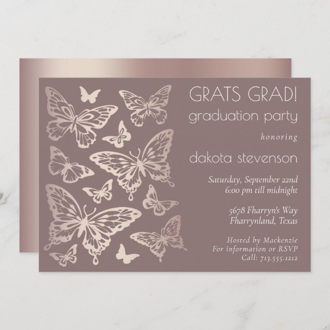 Butterfly Chic Graduation | Copper Rose Gold Invitation (Front/Back)