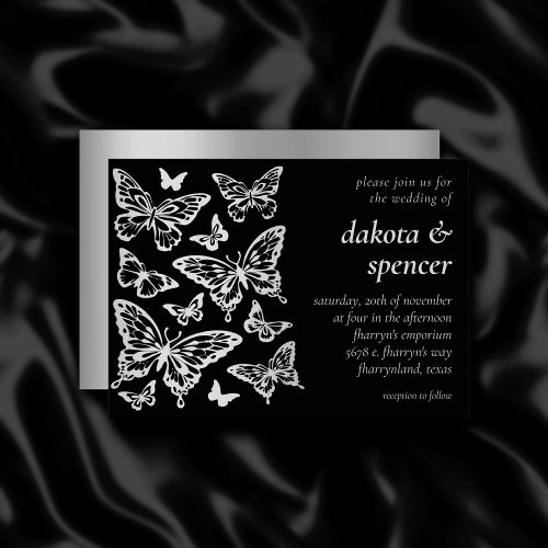 Butterfly Chic Wedding  Black and Silver Gray Invitation