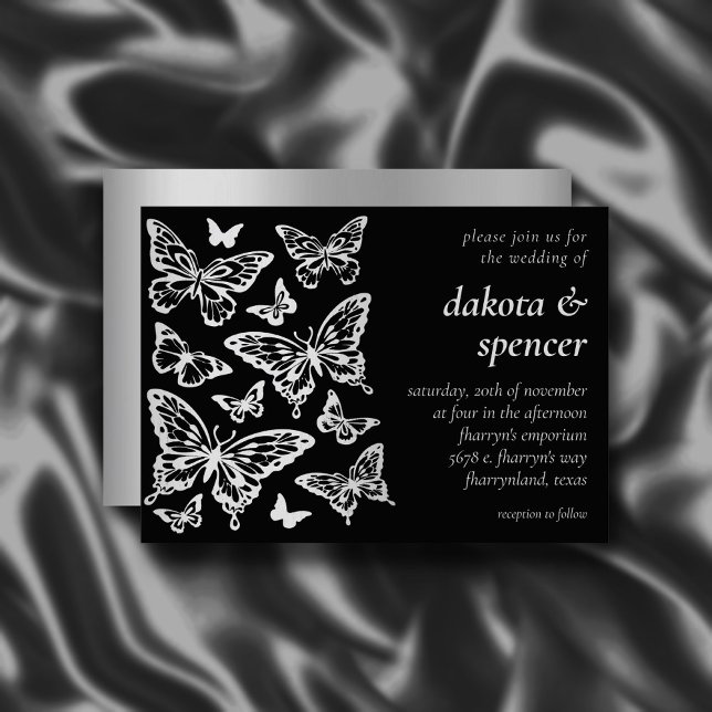 Butterfly Chic Wedding | Black and Silver Gray Invitation (Creator Uploaded)