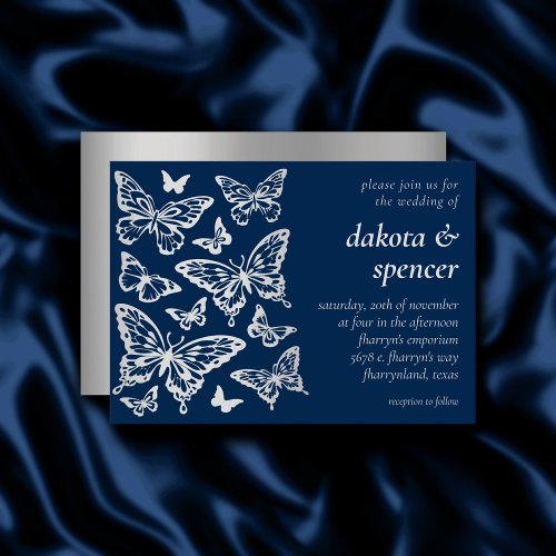 Butterfly Chic Wedding  Navy Blue and Silver Gray Invitation