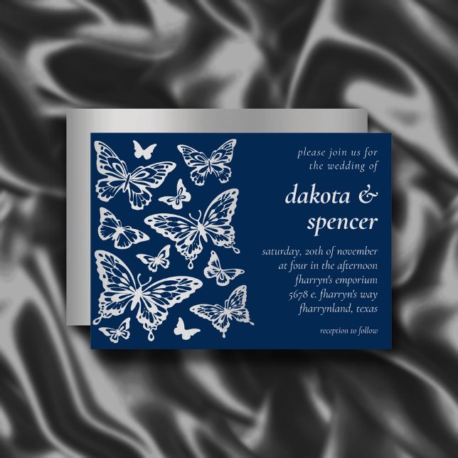 Butterfly Chic Wedding | Navy Blue and Silver Gray Invitation (Creator Uploaded)