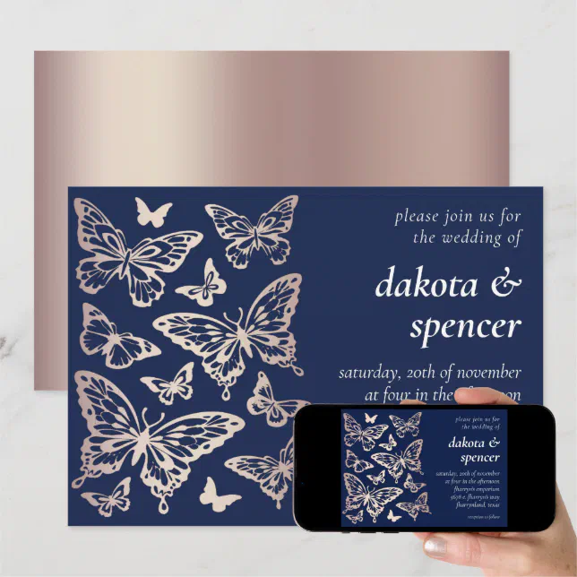 Butterfly Chic Wedding | Rose Gold and Navy Blue Invitation | Zazzle