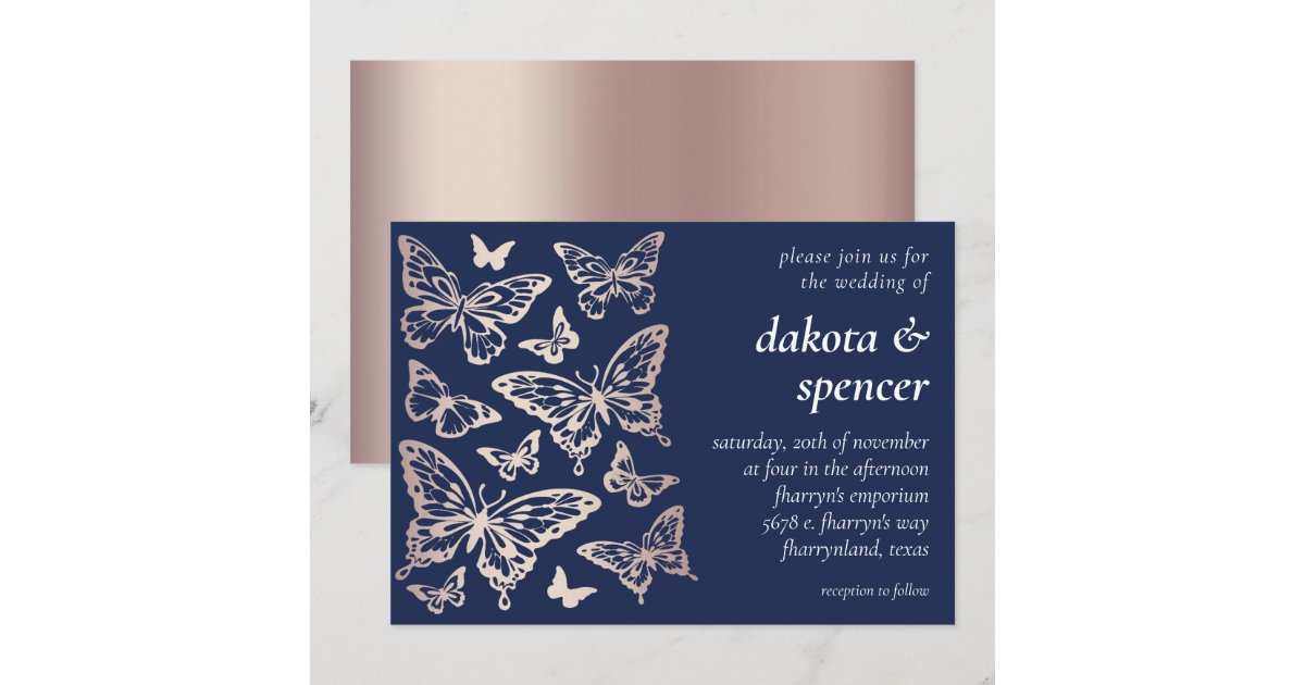 Butterfly Chic Wedding | Rose Gold and Navy Blue Invitation | Zazzle