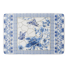 Butterfly Chinoiserie Chic Floral Leaf Blue White Bath Mat at Zazzle