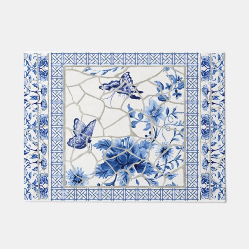 Butterfly Chinoiserie Chic Flowers Blue and White Doormat