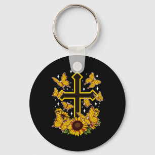 Butterfly Christian Cross Floral Sunflower Keychain