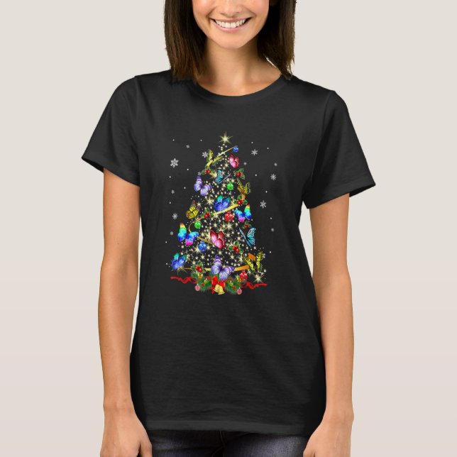 Butterfly Christmas Tree Lights Pajamas Xmas Butte T-Shirt (Front)