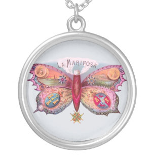 Butterfly Cigar Antique Painting Advertising Silver Plated Necklace