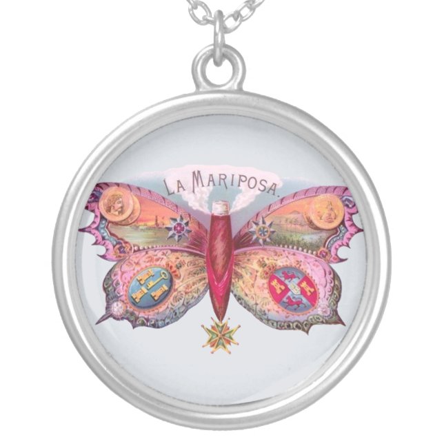 Butterfly Cigar Antique Painting Advertising Silver Plated Necklace (Front)