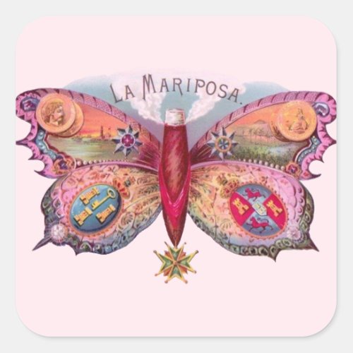 Butterfly Cigar Antique Painting Advertising Square Sticker