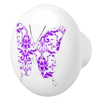 Butterfly Collage Purple Damask Ceramic Knob