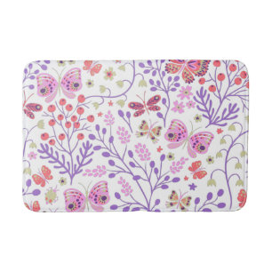 Butterfly Colorful And Flowers Rose Bath Mat