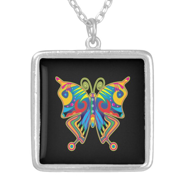 Butterfly colorful silver plated necklace (Front)