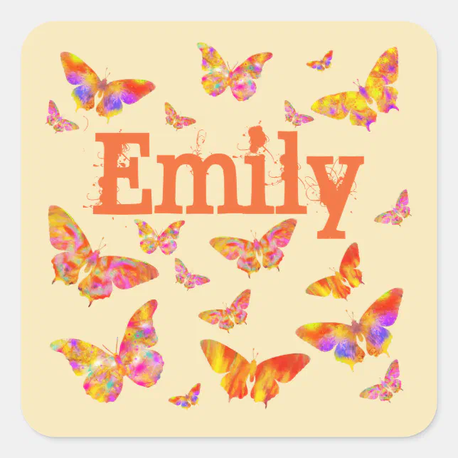 Butterfly Colorful Vintage Retro Art Name Emily Square Sticker | Zazzle