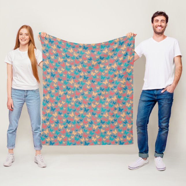 Butterfly cool pattern beige pink turquoise grey fleece blanket (In Situ)