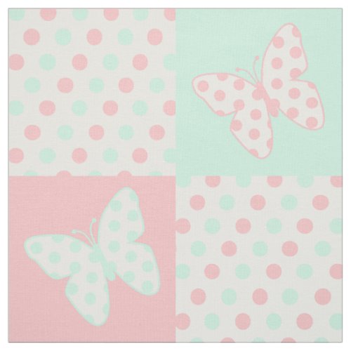 Butterfly Coral Pink Mint Green Polka Dots Fabric