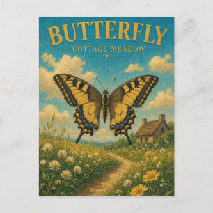Butterfly Cottage Meadow Watercolor GeoSaga Postcard