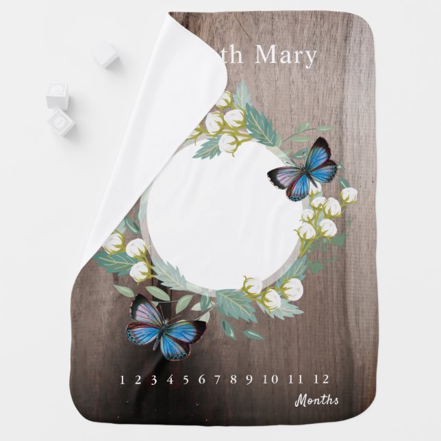 Butterfly Cotton Wreath Wood Monthly Milestone Baby Blanket (In Situ)