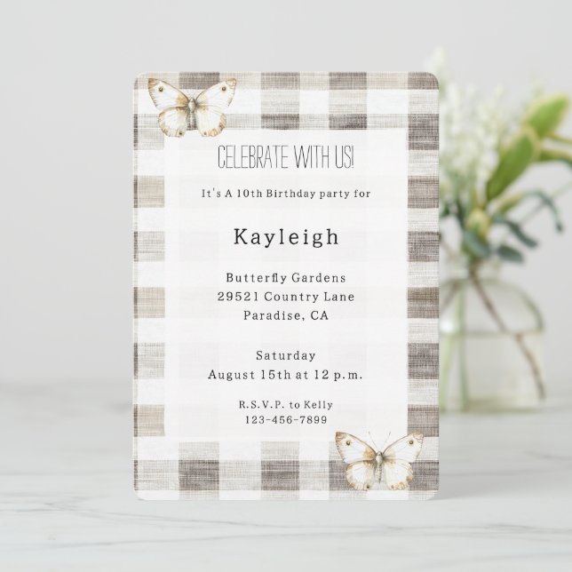 Butterfly Cream Plaid Stripes Birthday Invitation (Standing Front)