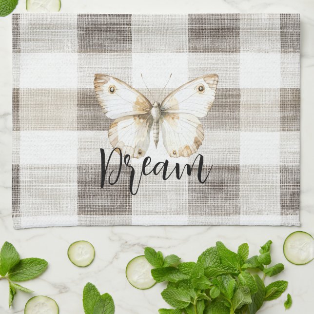 Butterfly Cream Plaid Stripes Kitchen Towel (Folded)