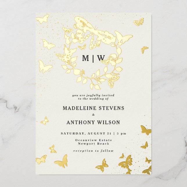 Butterfly Crest Ivory Gold Monograms Wedding Foil Invitation (Front)