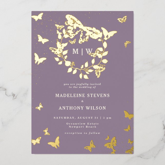 Butterfly Crest Lilac Gold Monograms Wedding Foil Invitation (Front)