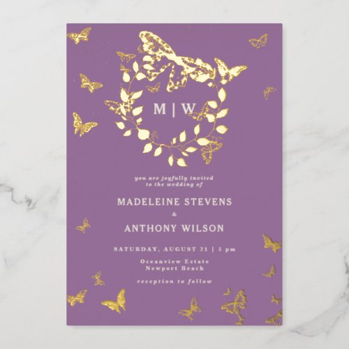 Butterfly Crest Purple Gold Monograms Wedding Foil Invitation