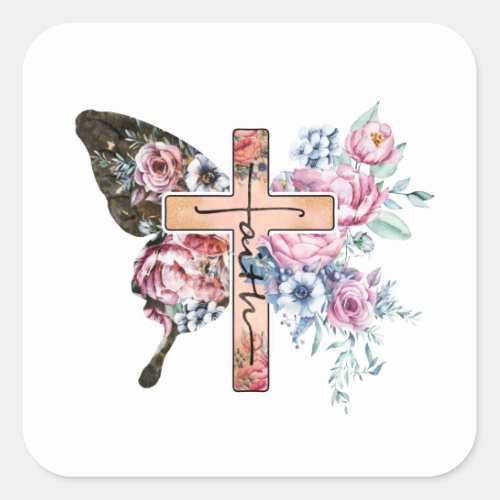 Butterfly Cross Faith floral Square Sticker