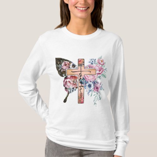 Butterfly Cross Faith floral T_Shirt