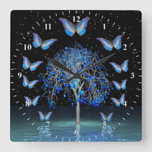 Butterfly Crystal Tree Square Wall Clock