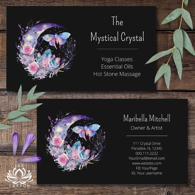 Butterfly Crystals Crescent Moon Flowers Purple Business Card (Creator Uploaded)