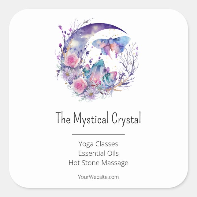 Butterfly Crystals Crescent Moon Flowers Spiritual Square Sticker (Front)