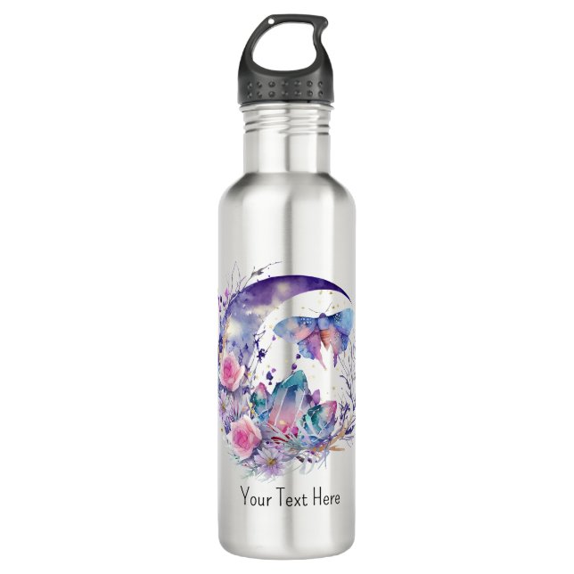 Butterfly Crystals Crescent Moon Flowers Spiritual Stainless Steel Water Bottle (Front)