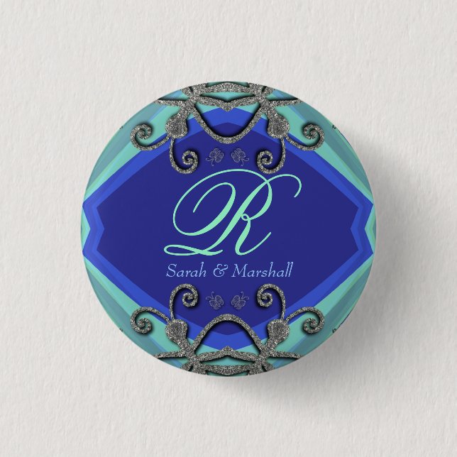 Butterfly Curls Aqua+Blue Monogram Button (Front)